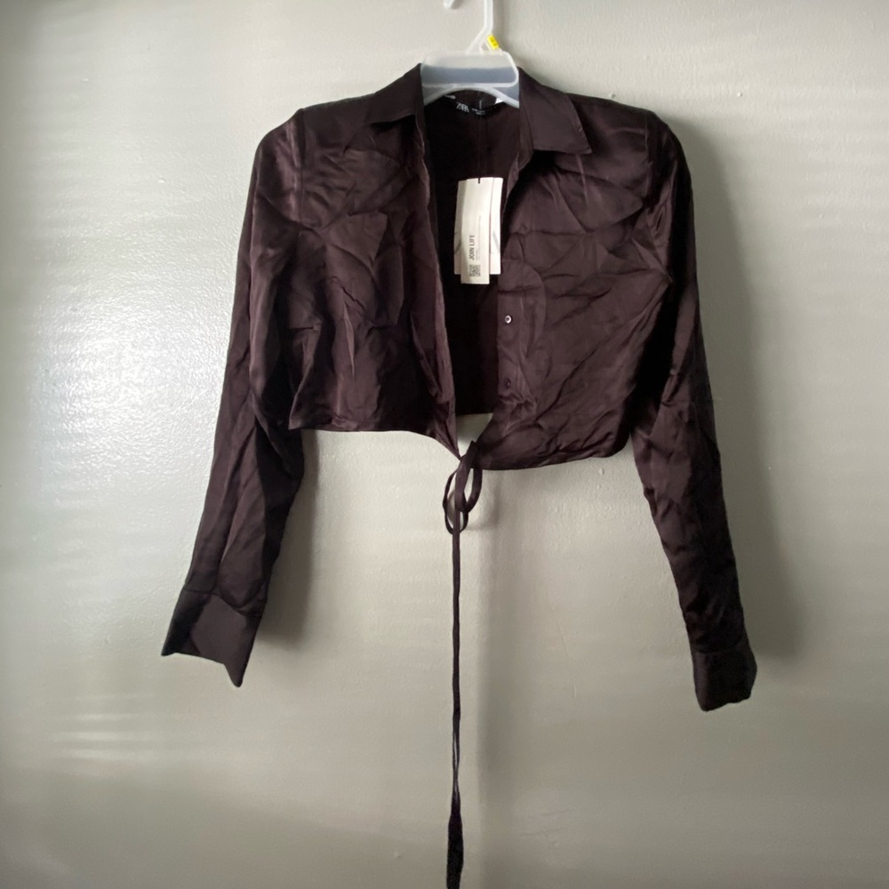 Zara Brown Long Sleeve Crop Button Down Shirt - Picture 2 of 5
